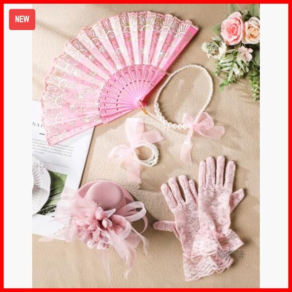 5-Piece Tea Party Set with Top Hat, Gloves, Jewelry, and Fan